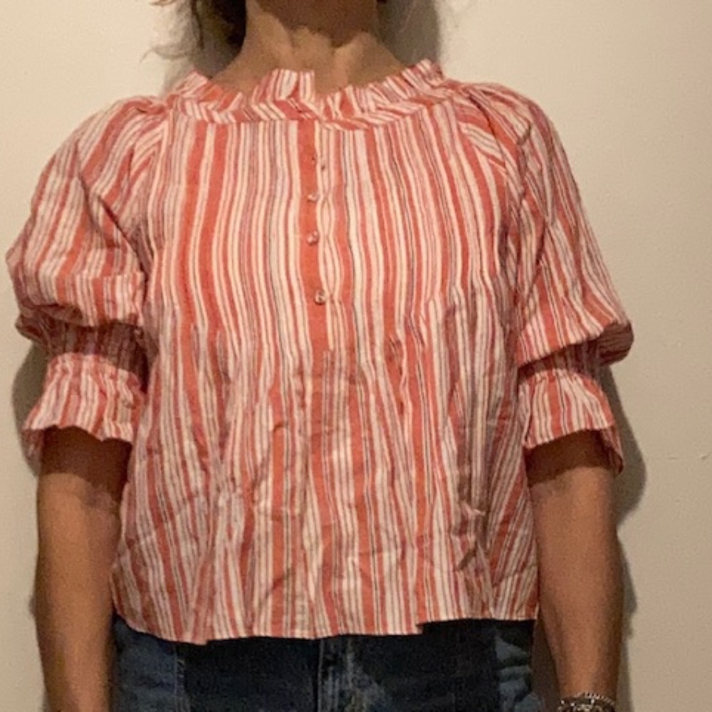 SHORT SLEEVE STRIPE ORANGE WHITE RUFFLE TOP BLOUSE S/M COTTON